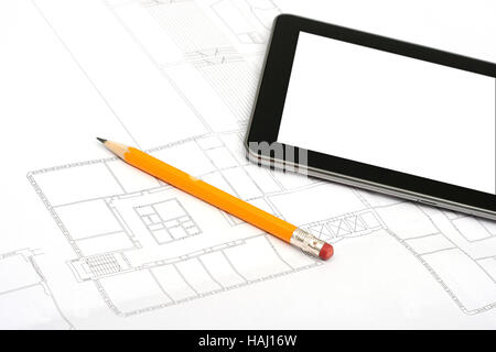 digital tablet and pencil on house plan Stock Photo