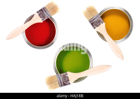 colorful paint cans with brushes isolated on white background Stock Photo