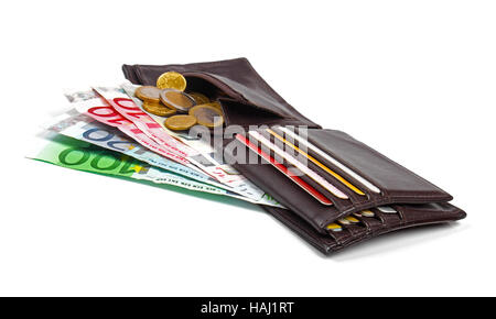 wallet with euro money, coins and credit card isolated on white background Stock Photo