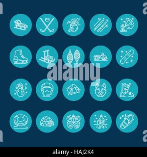 Cute thin line icons of winter sports. Outdoor activities vector elements - snowboard, hockey sled, skates, snow tubing, ice kiting. Linear pictogram  Stock Vector