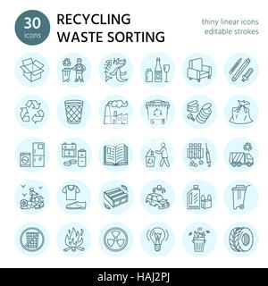 Modern vector line icon of waste sorting, recycling. Garbage collection. Recyclable waste - paper, glass, plastic, metal. Linear pictogram with editab Stock Vector