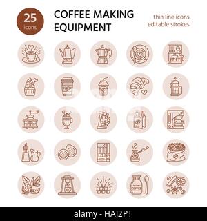 Vector line icons of coffee making equipment. Elements - moka pot, french press, coffee grinder, espresso, vending, coffee plant. Linear restaurant, s Stock Vector