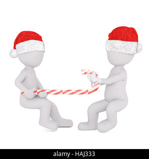 Two festive 3d men wearing Christmas hats having a tug of war with a red and white striped candy cane, rendered illustration on white Stock Photo