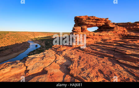 Nature's Window lookout (formed from layers of Tumblagooda Sandstone) and the Murchison River in Kalbarri National Park, WA Stock Photo