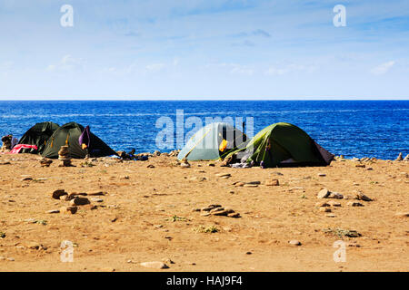 Tents on Lara beach, Akamas nature area, Paphos,Cyprus Stock Photo