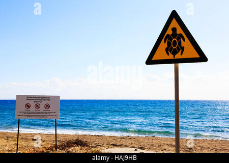 Turtle breeding ground warning sign, Tunnel Beach, Happy Valley, Episkopi, CyprusCyprus Stock Photo