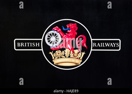 The 'Ferret & Dartboard' crest, used by British Railways in 1956–1965, as seen on the Keighley and Worth Valley Railway locomotive, Haworth railway st Stock Photo