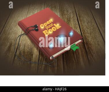 Audio book concept with headphones on wooden background. Vector illustration EPS10 . Stock Vector