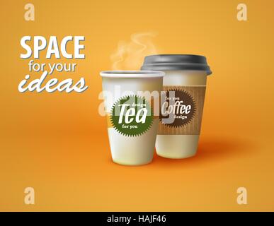 Two cups of hot coffee and tea on a yellow background with place for your text. Vector illustration EPS10 . Stock Vector