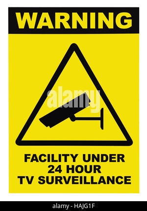 Facility protected, under 24 hour video surveillance text sign, black, yellow, isolated closeup Stock Photo