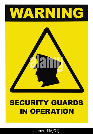 Security guards in operation text warning sign, black yellow isolated Stock Photo