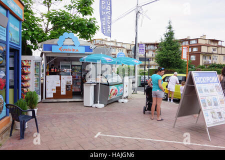 Nessebar, Bulgaria - JUNE 19, 2016: street New Nessebar emerging architecture and leisure travelers and locals people. Stock Photo