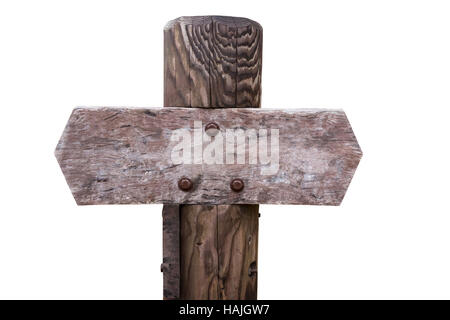 Weathered wooden signpost with empty sign isolated on white Stock Photo