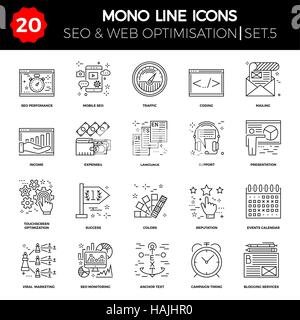 Thin Line Icons Set of Search Engine Optimization, Website and APP Design and Development. Simple Mono Line Pictogram Pack. Stroke Vector Logo Concept Stock Vector