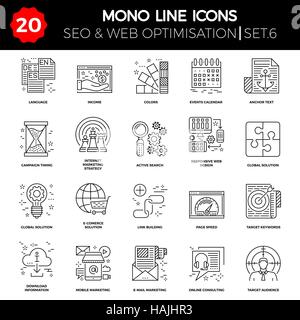 Thin Line Icons Set of Search Engine Optimization, Website and APP Design and Development. Simple Mono Line Pictogram Pack. Stroke Vector Logo Concept Stock Vector