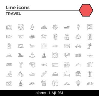 Travel thin line related icons set on white background.Summer holidays, vacation and travel objects. Simple mono linear pictogram pack Stroke vector l Stock Vector