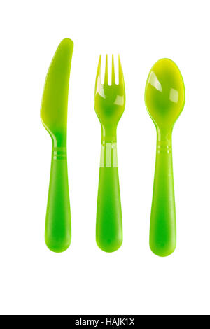 set of plastic spoons. Isolate on white. Stock Photo
