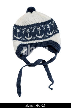 Knitted cap with an anchor pattern. Isolate on white. Stock Photo