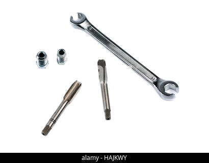 Wrench, tap thread and brake fitting, isolate on white Stock Photo
