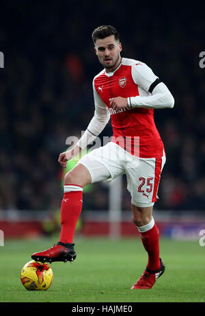 Arsenal's Carl Jenkinson during the EFL Cup, Quarter Final match at the Emirates Stadium, London. PRESS ASSOCIATION Photo. Picture date: Wednesday November 30, 2016. See PA story SOCCER Arsenal. Photo credit should read: Nick Potts/PA Wire. RESTRICTIONS: No use with unauthorised audio, video, data, fixture lists, club/league logos or 'live' services. Online in-match use limited to 75 images, no video emulation. No use in betting, games or single club/league/player publications. Stock Photo