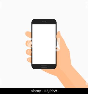 White hand holding black  smartphone vector illustration Stock Vector