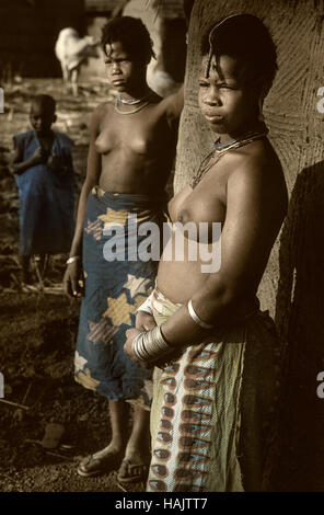 Mali, West Africa - January 25, 1992: Dogon village and typical mud buildings with  barns for cereals and Peul Fulani popolations Stock Photo