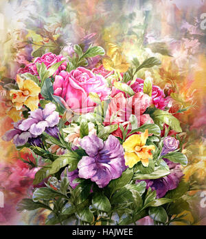 Bouquet of multicolored flowers watercolor painting style Stock Photo