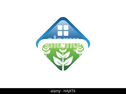 house logo, natural real estate icon, healthy home square shelter plants symbol vector design Stock Vector