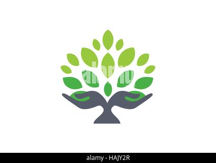 tree hand logo, hand tree nature wellness concept health symbol icon, tree and hand illustration vector template design Stock Vector