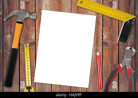 blank page with work tools on wooden background Stock Photo