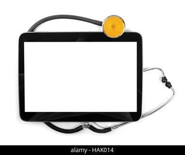 blank digital tablet and stethoscope isolated on white Stock Photo
