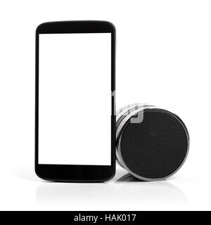 blank mobile phone with bluetooth audio speaker Stock Photo