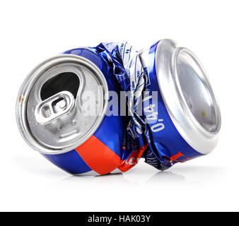 crushed drink can isolated on white Stock Photo