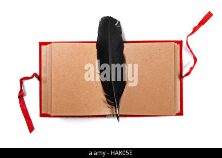 quill on old blank book isolated on white Stock Photo