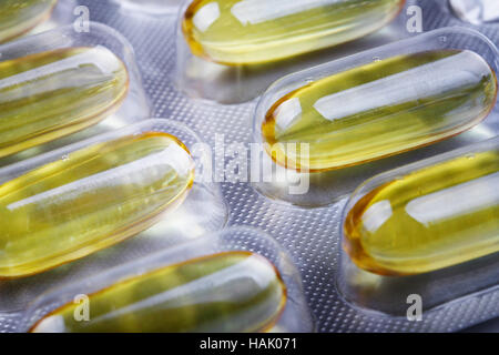 close up of omega 3 fish oil capusles Stock Photo