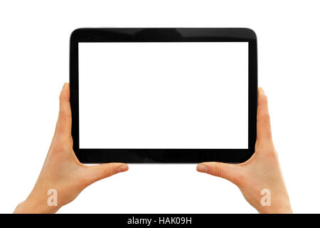 hands holding blank digital tablet isolated on white Stock Photo