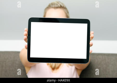 woman showing blank digital tablet Stock Photo