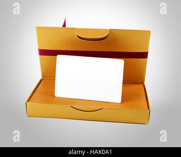 golden gift box with blank gift card inside Stock Photo