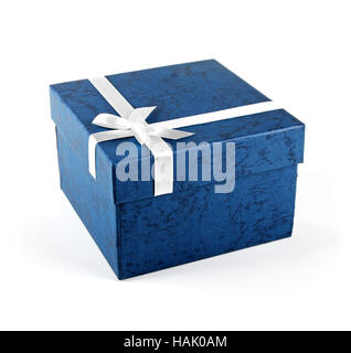 blue gift box with ribbon bow isolated on white Stock Photo