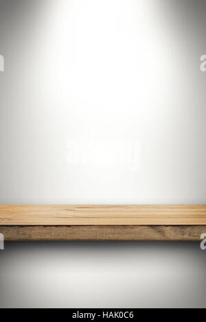 empty wood shelf on white wall Stock Photo