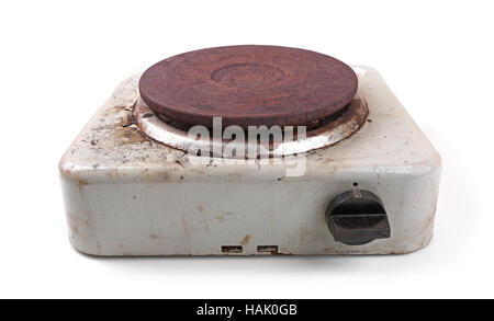 old dirty electric stove isolated on white Stock Photo