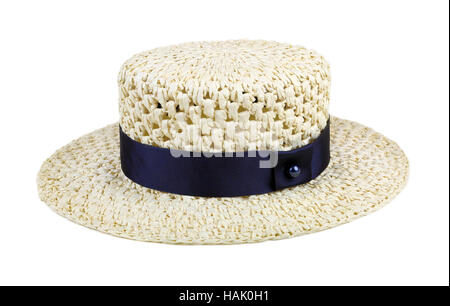 straw hat with blue ribbon isolated on white Stock Photo