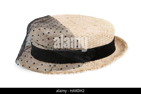 straw hat with black ribbon and lace isolated on white Stock Photo