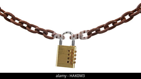padlock hanging on chain, isolated on white background Stock Photo
