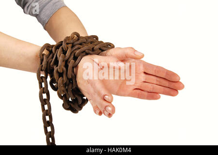 hands tied with chain, isolated on white Stock Photo
