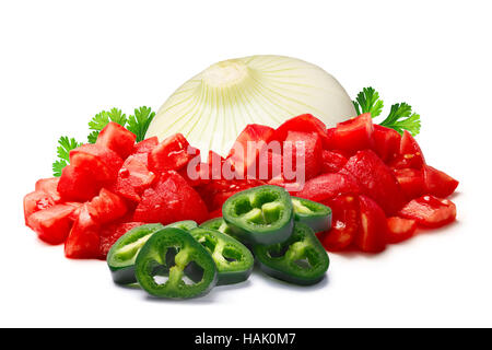 Ingredients for Pico de Gallo, salsa fresca, salsa bandera. Chopped tomatoes, Jalapenos, whole onion and cilantro. Clipping paths, shadow separated Stock Photo
