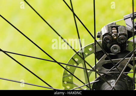 close up of bicycle disc brakes on green grass background Stock Photo