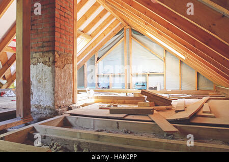 an interior view of a house attic under construction Stock Photo