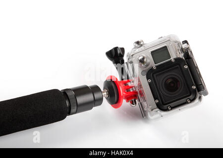 action camera with handheld stick isolated on white Stock Photo