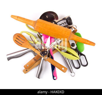 pile with kitchen utensils on a white background Stock Photo